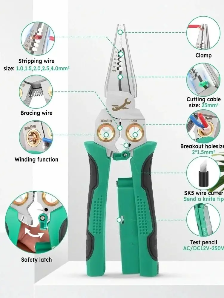 JUSTINLAU 8-in1 Electrician's Pliers Multi-function Wire Stripper Stainless Steel Needle-nose Pliers with Electrical Measurement