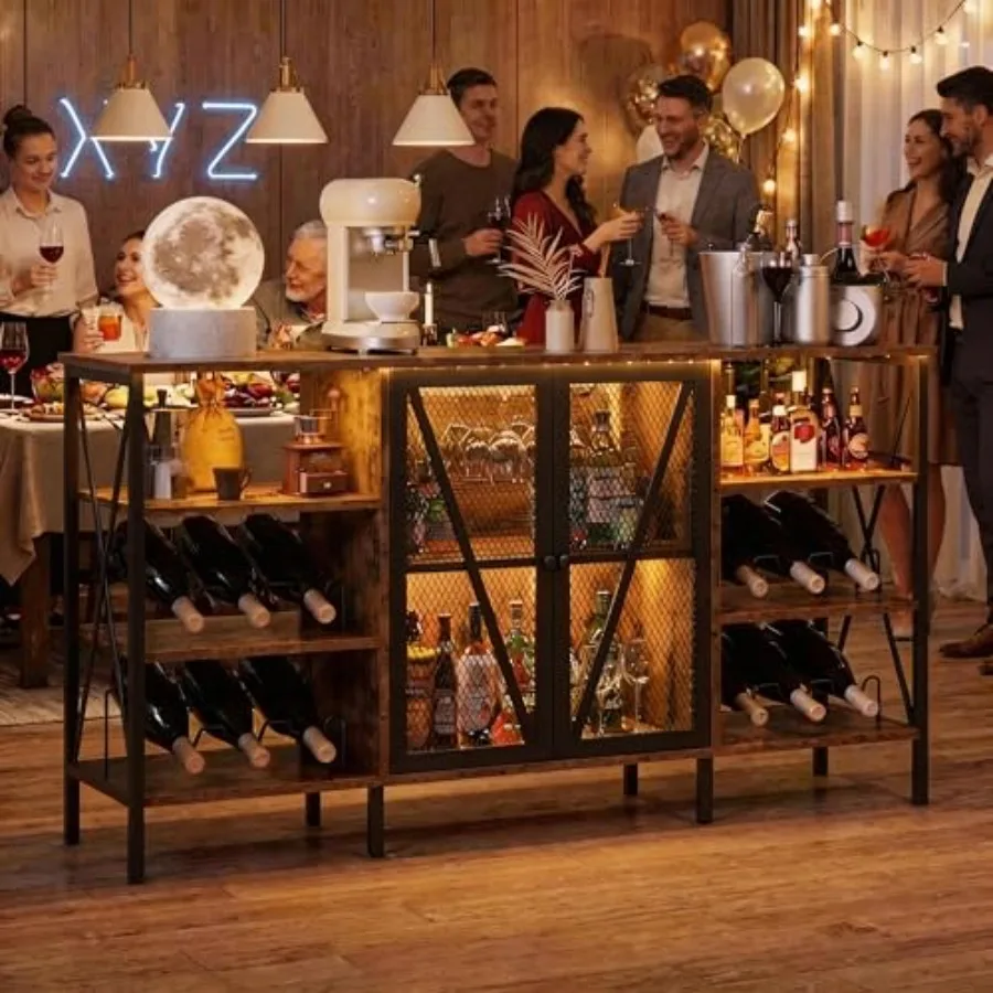 

Винный шкаф-бар на 55 бутылок с LED-подсветкой, держателем для бокалов, сетчатыми дверцами, регулируемыми полками, в индустриальном стиле, рустик, буфет-сервант для дома/офиса