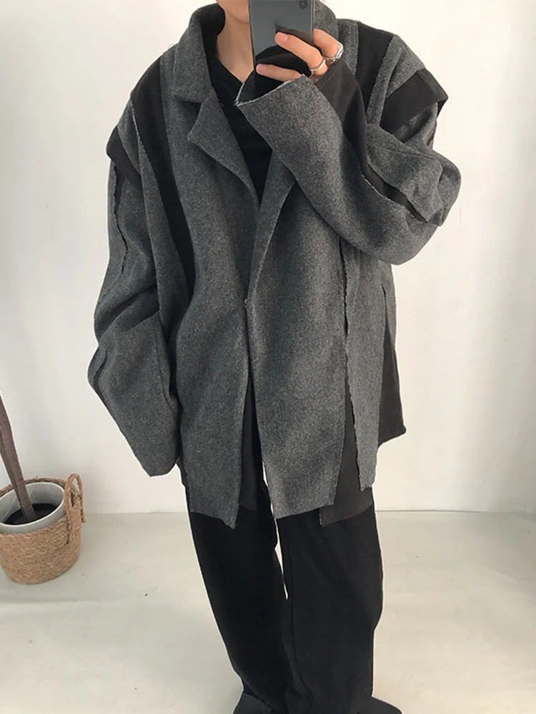 [EAM] Loose Fit Gray Color-block Big Size Woolen Coat Parkas New Long Sleeve Women Fashion Tide Autumn Winter 2024 1DF0391