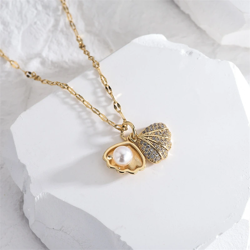 New Korean Openable Shell Pearl Necklace for Women Micro Inlaid Rhinestone Copper Pendant Clavicle Chain Wedding Party Jewelry