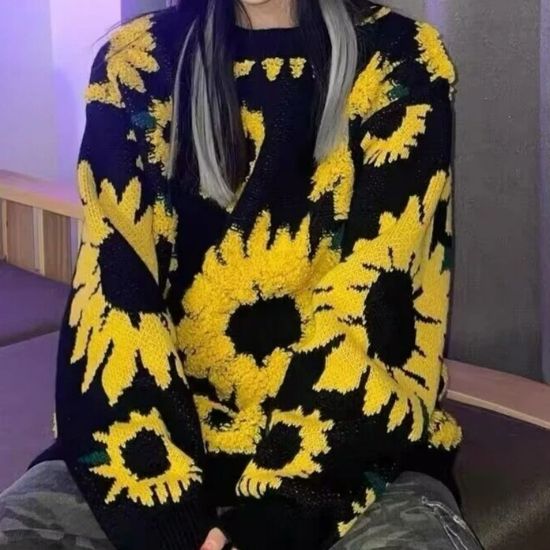 Nuovo stile di velluto allentato alla moda rilassato lavorato a maglia maglione caldo 2026 autunno/inverno girasole lavorato a maglia strato base donna Ins Top