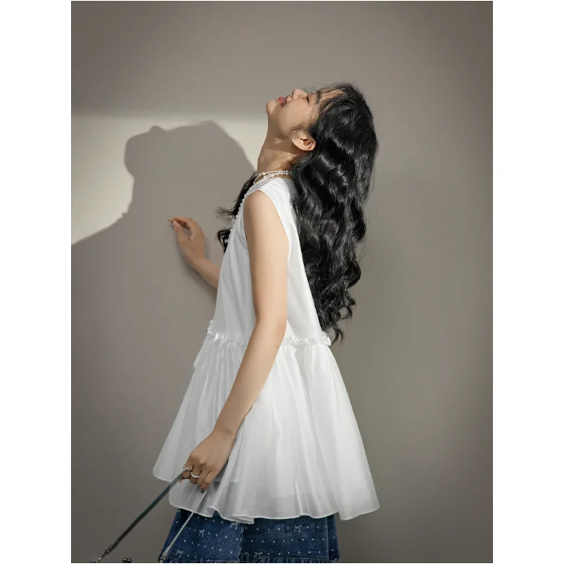 Sleeveless Doll Shirt with Ruffled Hem in Summer 2025 Slim Temperament Wind Vest Suspender Top Female