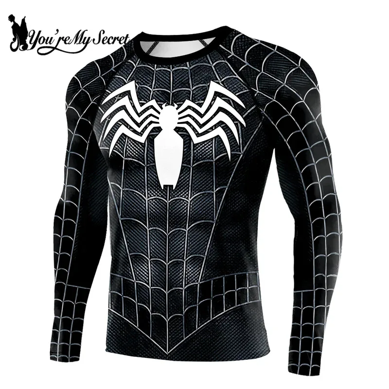 

[You're My Secret] Men's Spider Print Compression Shirt Workout Anime Superhero Long Sleeve Cosplay Costume Fitness Tops Summer