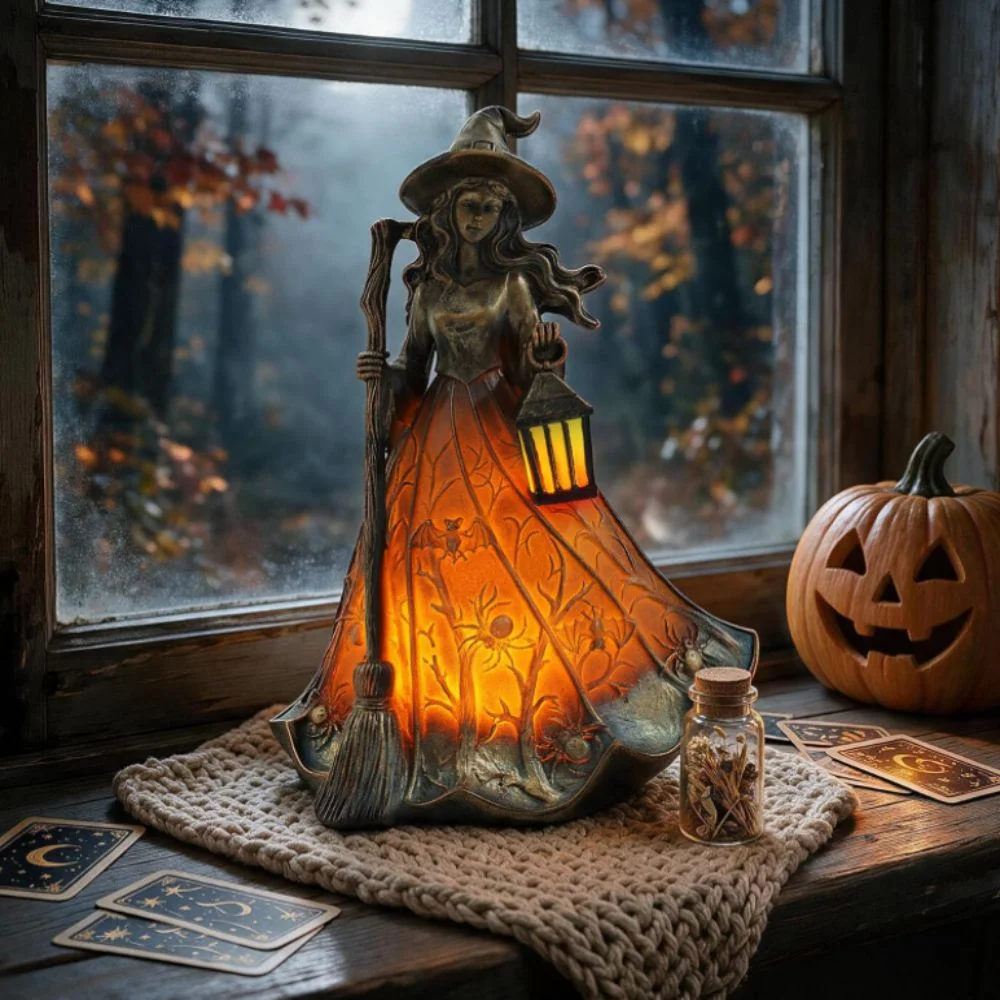 18cm Halloween Witch Lamp Standing Design Holding Lantern Holiday Decorative Lamp Unique Funny Halloween Witch Ornament