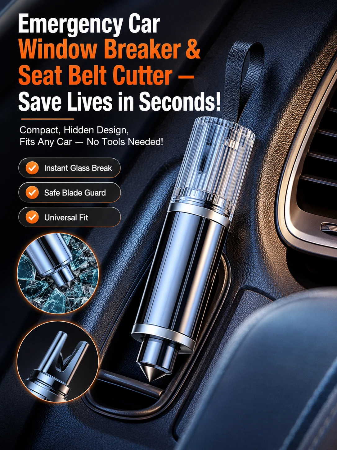 2 in 1 Car Window Breaker and Seat Belt Cutter, Tungsten Steel Emergency Escape Safety Hammer