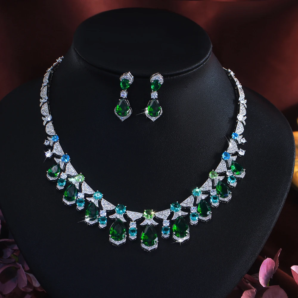 

Роскошный элегантный комплект ювелирных украшений ThreeGraces с кубическим цирконием в форме капли, блестящего зеленого цвета, для женщин, для свадьбы, вечеринки, T1111