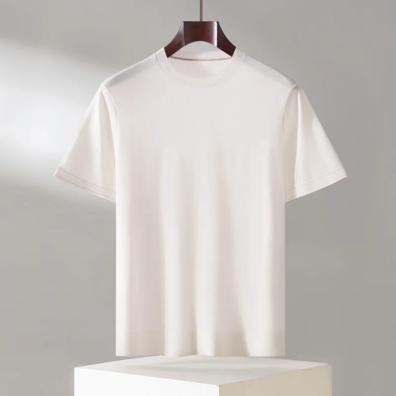 100% Lyocell Men's T-Shirt Casual Solid Color Knitted Pullover Short-Sleeved Loose Round Neck Tees Pull Vest Tops