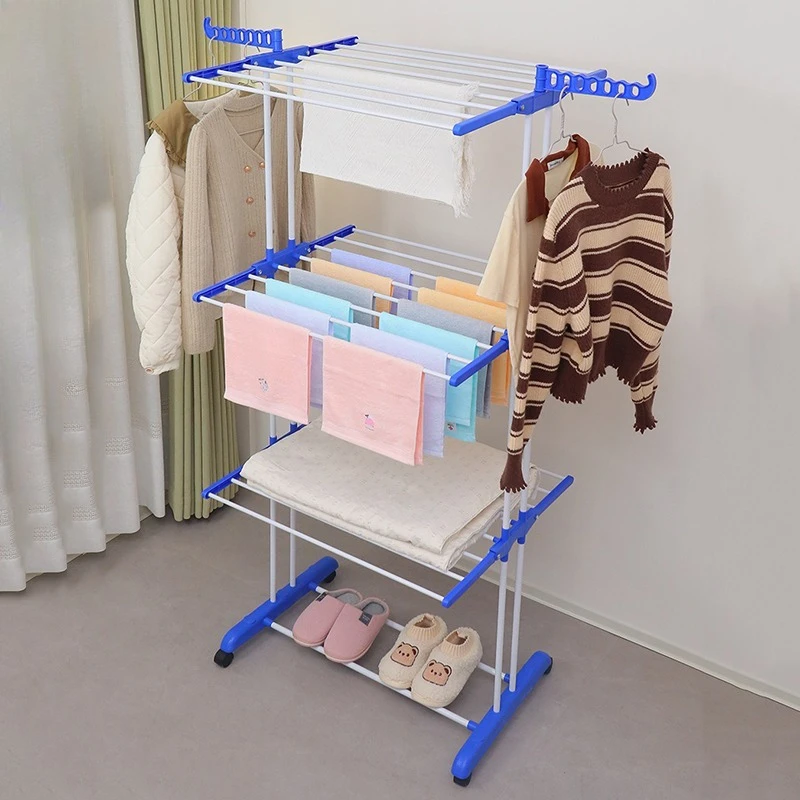 Floor Clothes Drying Rack Folding Movable Multi Layer Clothes Horse Balcony Comforter Dryer Shelf Towel Socks Storage Stand