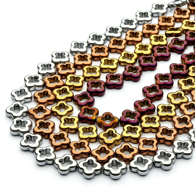 12mm Natural Stone Hematite Colorful Plating Four-leaf Clover Highgrade Handmade Jewelry Making DIY Bracelet Necklace Parts 15\'\'