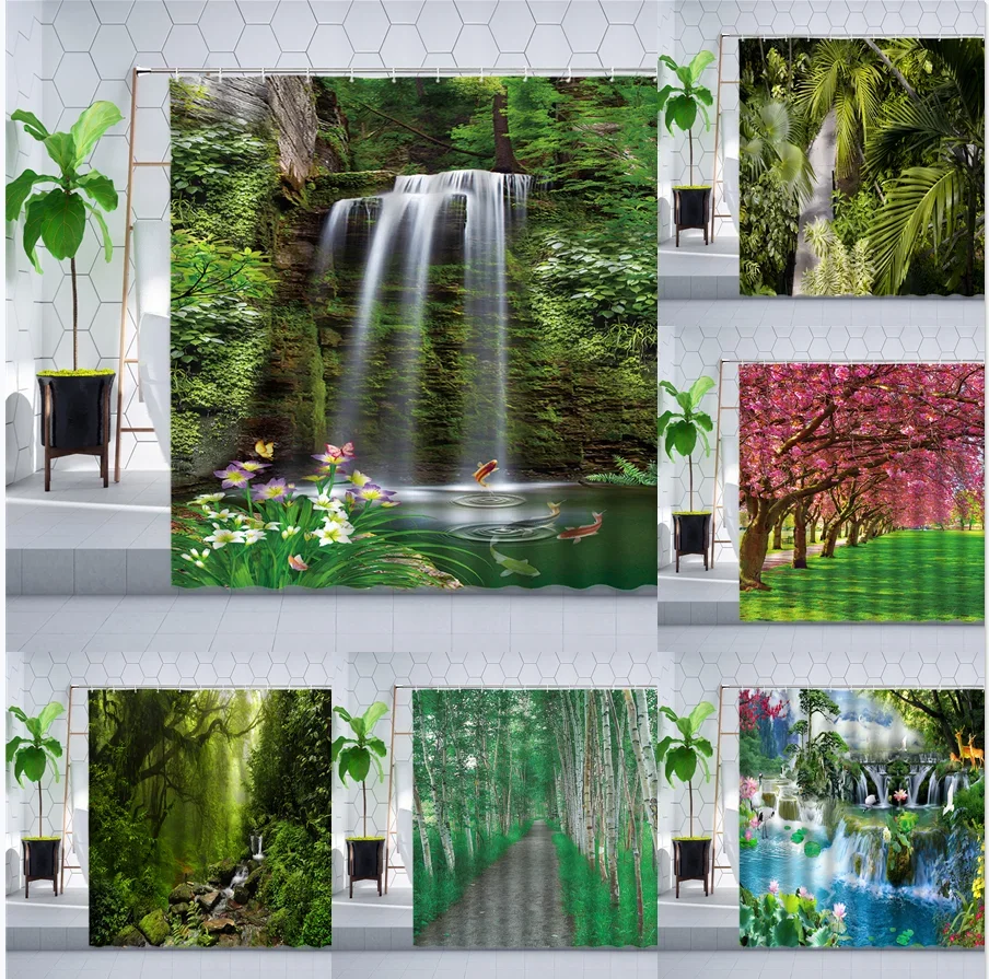 Spring Natural Scenery Shower Curtain Waterfall Green Plant Leaves Cherry Blossom Jungle Forest Bathroom Polyester Curtains Set