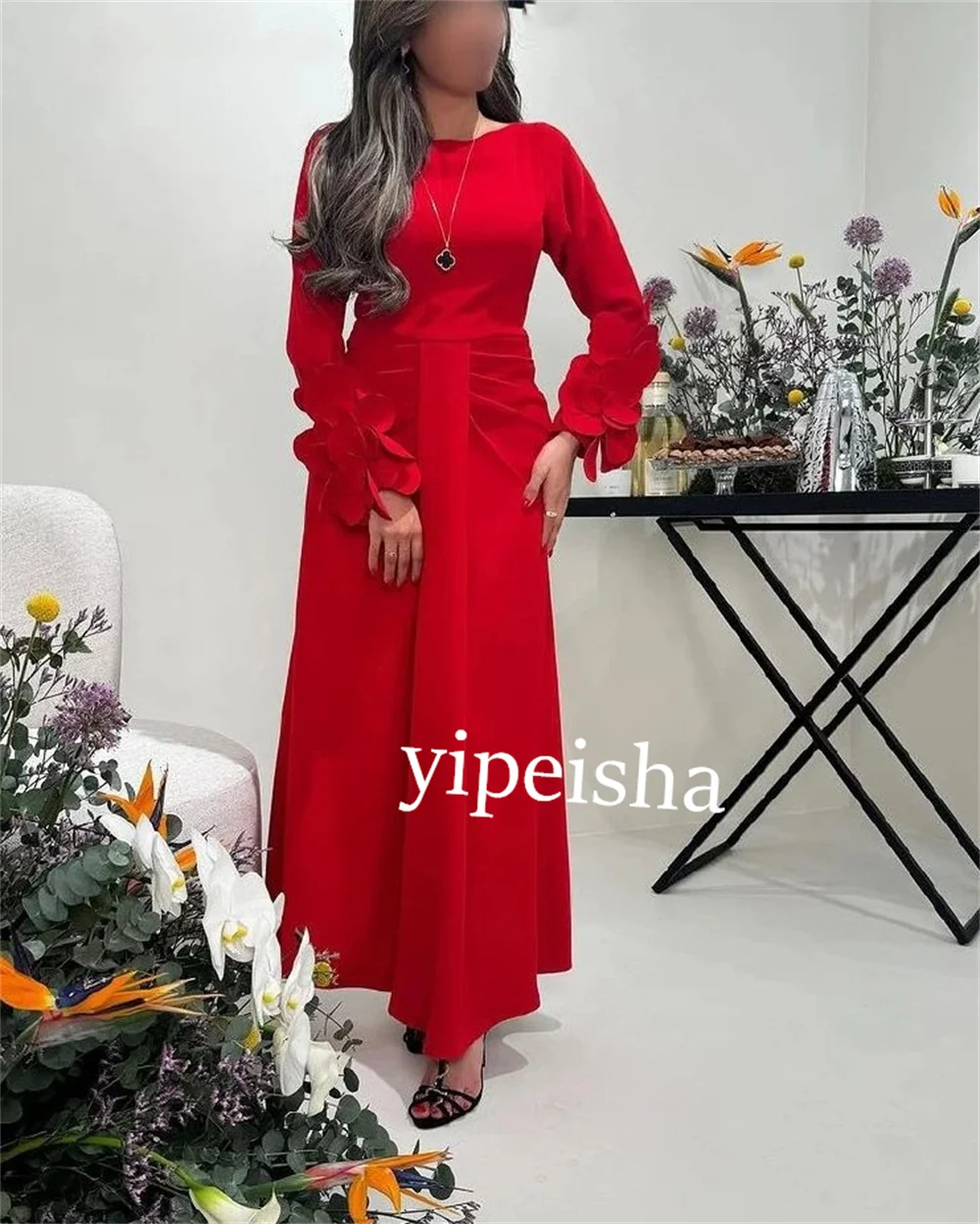 Customized Jersey Flower Pleat Cocktail Party Straight  Scoop Neck Bespoke Occasion Gown Midi Dresses