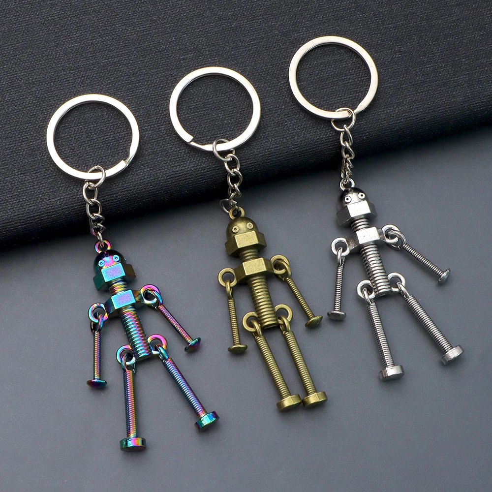 Creative Screw Robot Keychain 3 Color Movable Joint Robot Keyring Metal Bag Pendant Car Key Holder For Men Kids Birthday Gifts