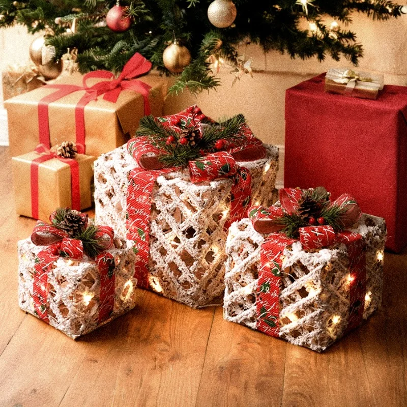 Christmas snow luminous gift box ornament, shopping mall window Christmas tree flocking pile head gift box