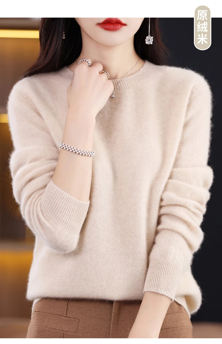 2026 New Cashmere Basic Top Long Sleeve Women O-Neck Knitted Sweater 100% Pure Merino Wool Pullover Clothing Knitwear Traf