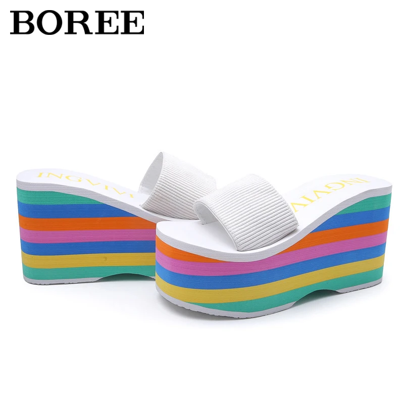 Summer Wedge Slippers Women Platform Sandals Rainbow Beach Flip Flops Home Slippers Open Toe 9cm High Heels Women Shoes Casual