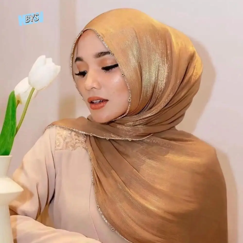 

Luxury Solid Color Ethnic Style Scarf Beads Chain Long Headscarf Shiny Bandana Wraps Shawl Women