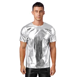 Mens Dance Shirts Tops Party Performance 80s Clothes Metallic Shiny Short Sleeve Round Neck T-shirt for Club Show Role Play