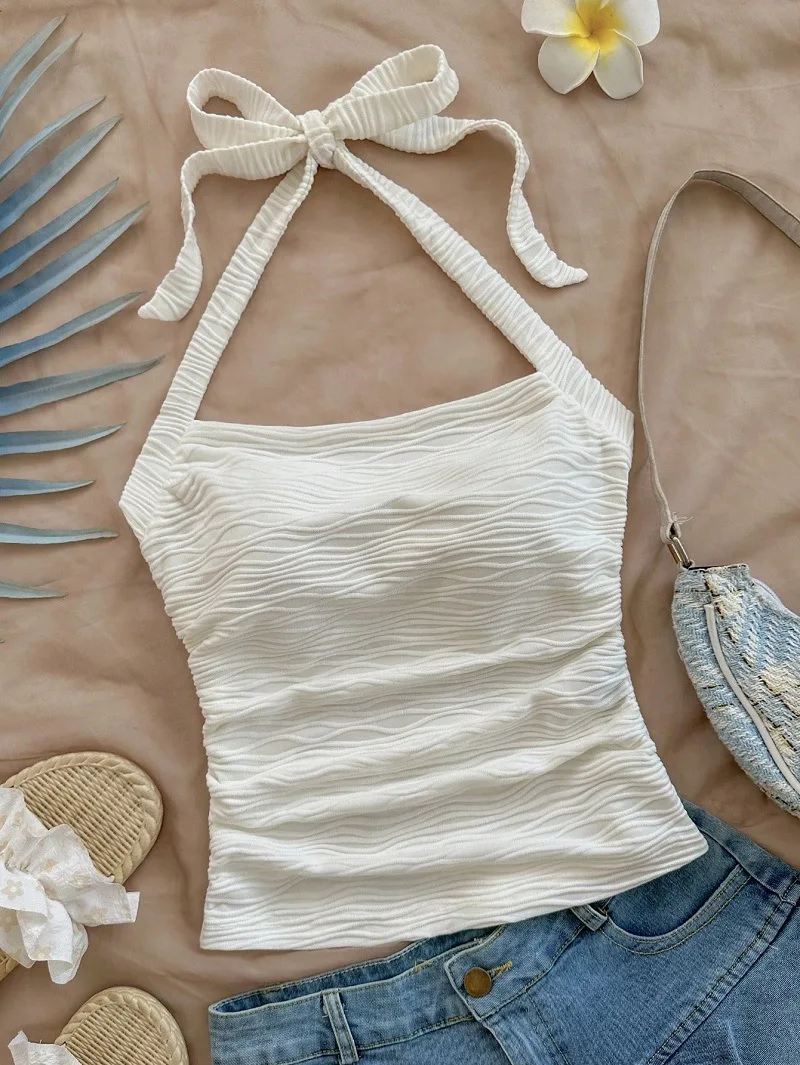 2025 Summer New Women\'s Fashion Crop Halter Inside The Halter Wearing Sleeveless Short Slimming Vest Top