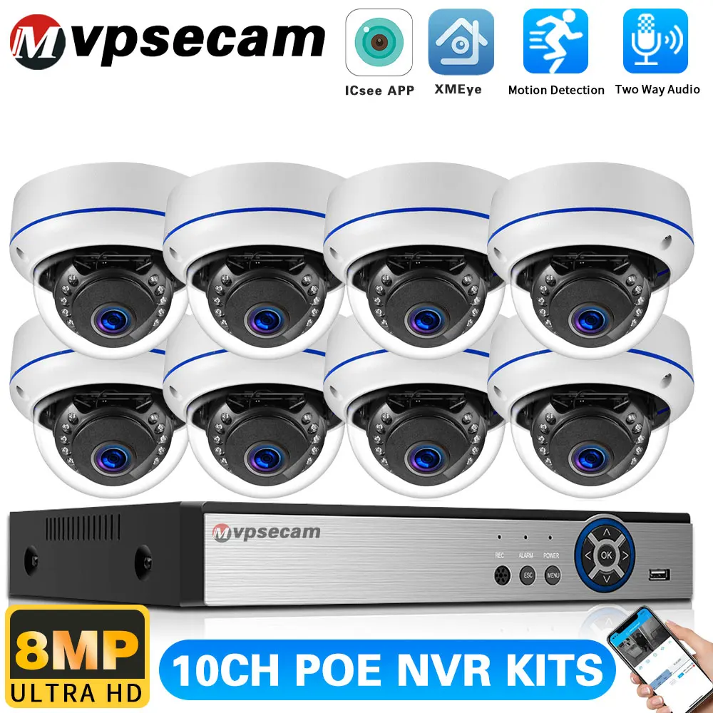 

10CH NVR Kit for 4K Dome Camera (8MP) POE Security System Outdoor Color Night Vision Audio Record CCTV Video Surveillance Kit