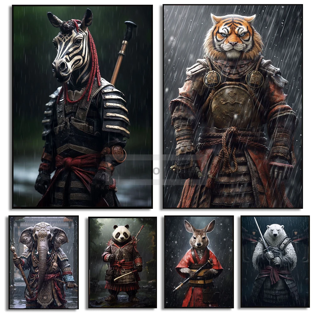 Samurai Animals Poster Photorealistic Anthropomorphic Animal Portrait Prints Canvas Painting Wall Art Pictures Home Room Decor