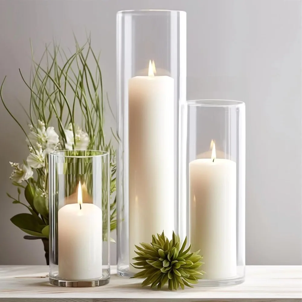 White Pillar Candles with Glass Cylinder Vases Clear Hurricane Glass Candle Holders for Centerpieces for Weddings Parties Decor