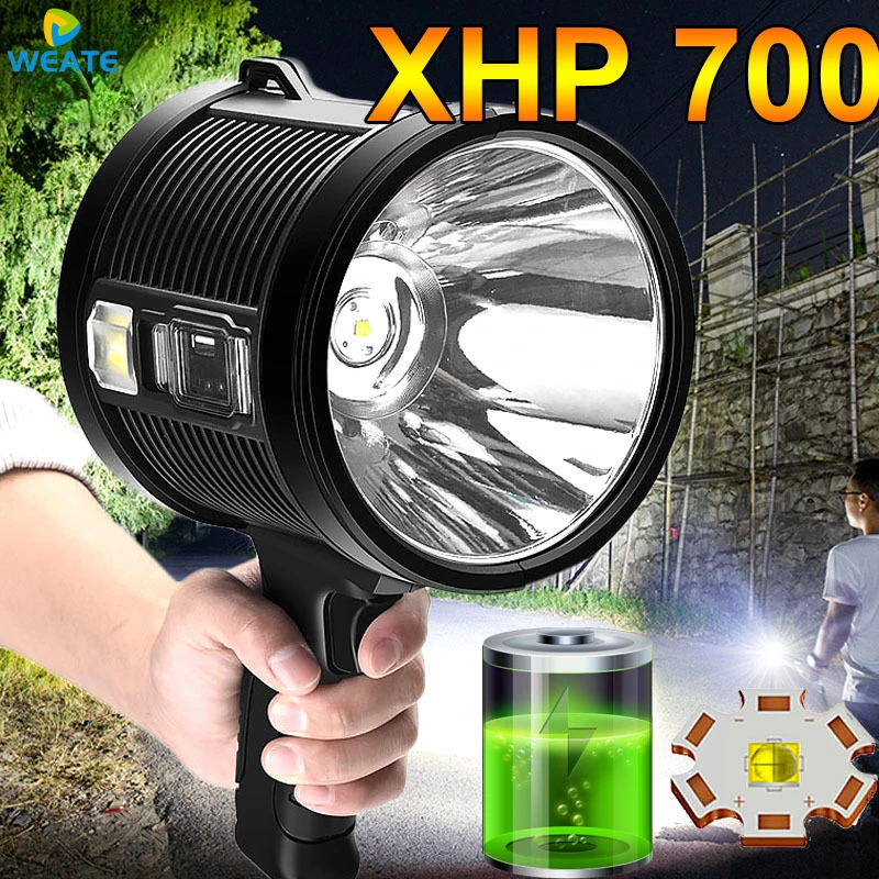 XP70 High Power Rechargeable Led Flashlight Searchlight Powerful Torch Spotlight Portable Lighting with 9000mAh Lithium Battery