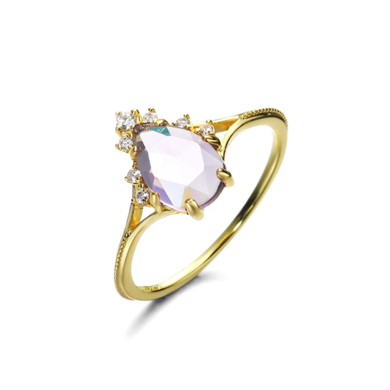 

LAMOON Ring For Women Amethyst Ring Water Drop Gemstone 14K Gold Plated 925 Sterling Silver Fine Jewelry LMRI142