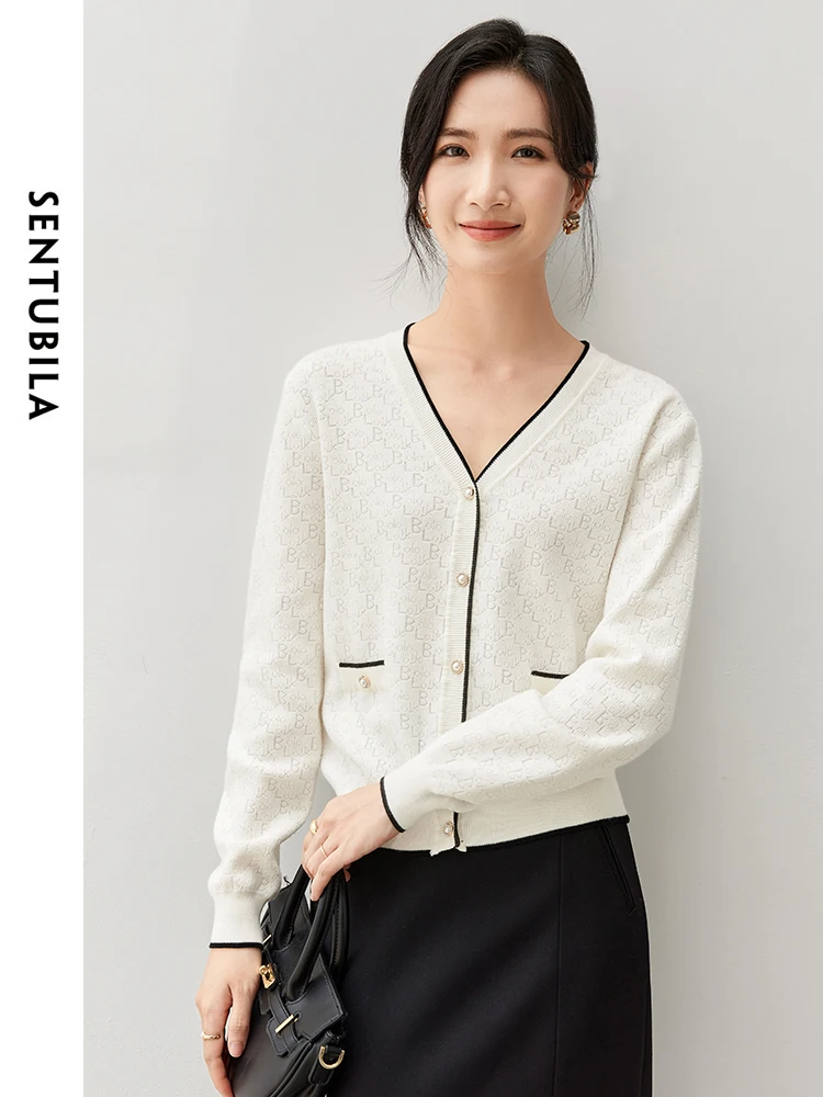 

SENTUBILA Women Cotton Knitted Cardigan 2024 Autumn Jacquard Spliced V Neck Metal Button Comt Tops W43E56776