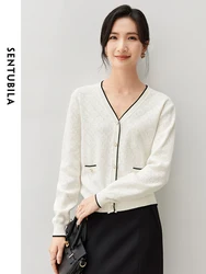 SENTUBILA Women Cotton Knitted Cardigan   2024 Autumn Jacquard Spliced V Neck Metal Button Comt  Tops W43E56776