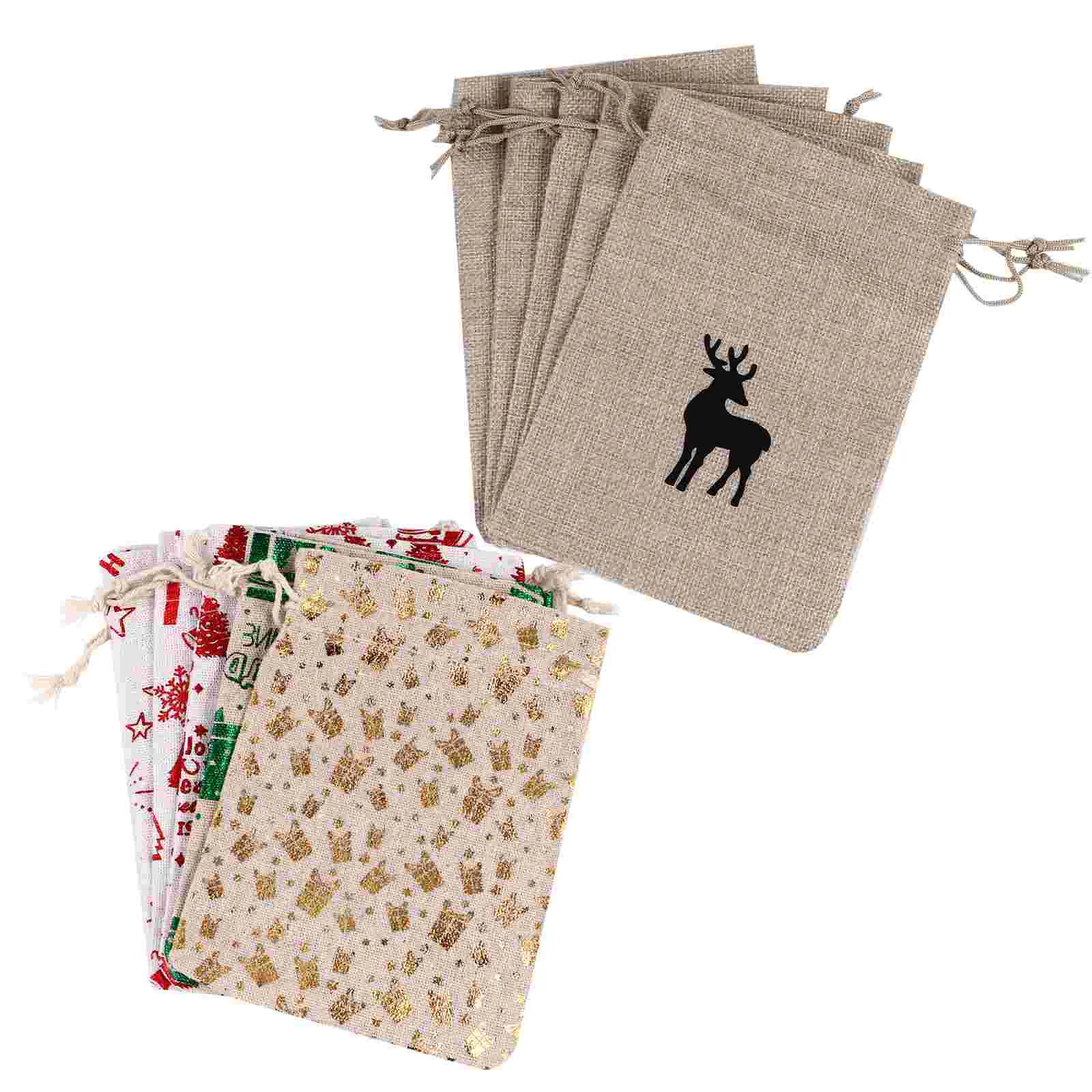 10 ชิ้น Xmas นําเสนอถุงคริสต์มาสผ้าฝ้ายกระสอบของขวัญ Candy กระเป๋า Drawstring Party Favor