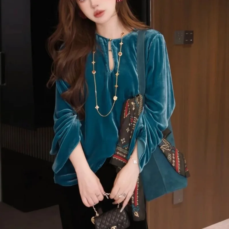 

Винтажные женские блузки, вельветовые рубашки, модные свободные весенне-осенние однотонные костюмы с длинными рукавами, корейские женские топы