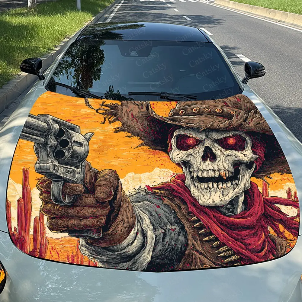 Skeleton Cowboy With A Gun Car Hood Sticker, Premium Vinyl Sticker For Automotive Exterior Customization, Durable PVC Vinyl Wrap