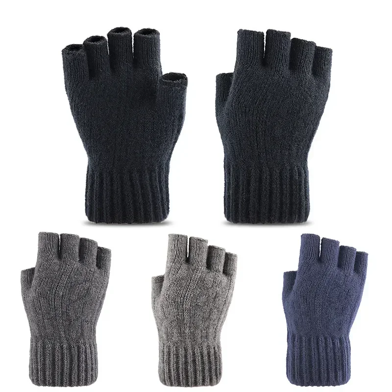 Guantes gruesos de punto para hombre y mujer, manoplas térmicas de medio dedo, de lana cálida, sin dedos, para conducción, pantalla táctil, Invierno