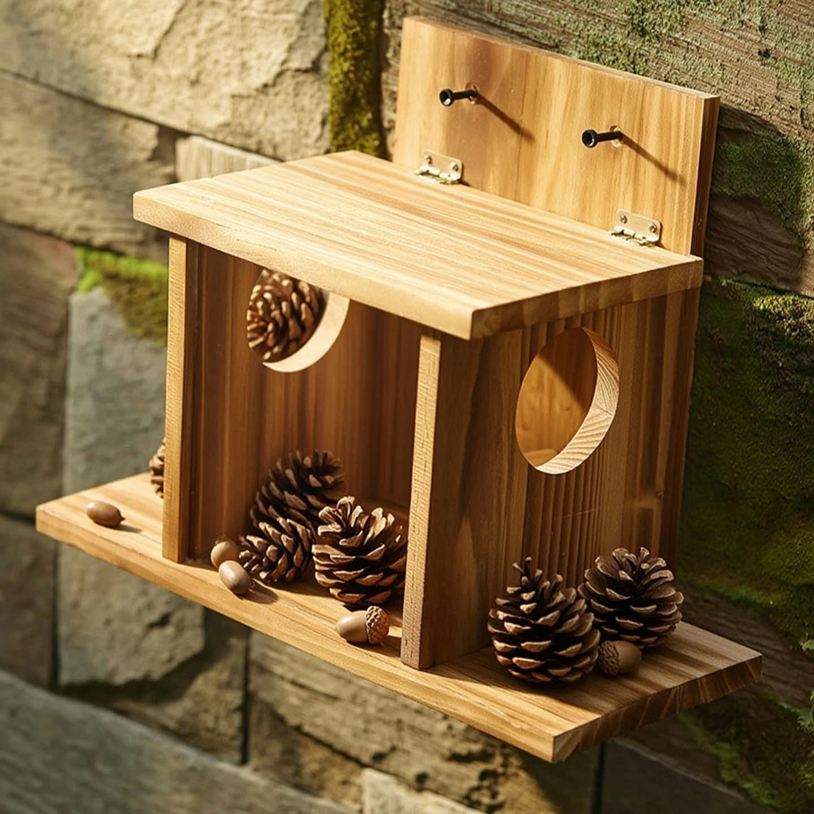 Comedero para Ardillas de Madera, Caja con Bisagras Resistente para Ardillas, Jardín, Patio