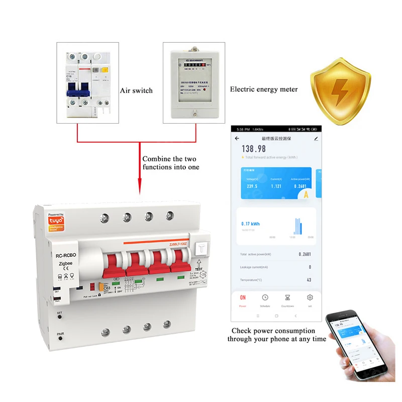 4P RCBO Zigbee Smart Circuit Breaker Energy monitoring and meter function for Alexa and Google home Wireless Leakage Protection