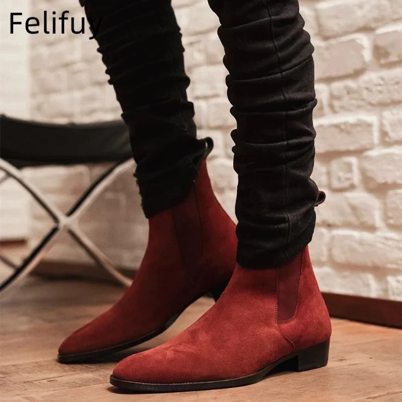 Nuevas botas Chelsea marrones, negras y rojas para hombres, botines aterciopelados para hombres de negocios, botas de vaquero hechas a mano para