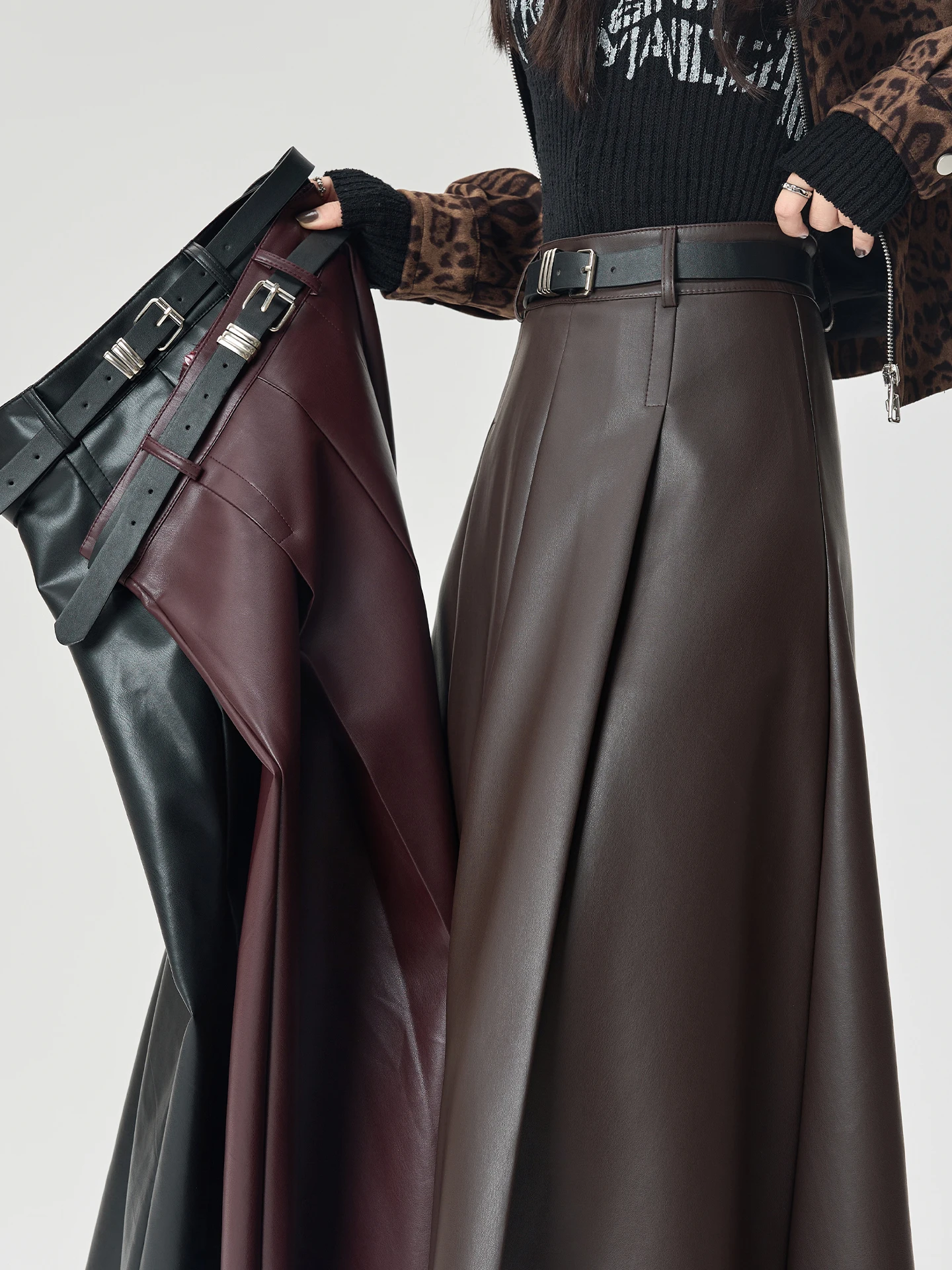 

Ретро-юбка из коричневой искусственной кожи с высокой талией, А-силуэт, расклешенная, женская, весенняя, ранневесенняя, стройнящая, драпированная юбка-солнце