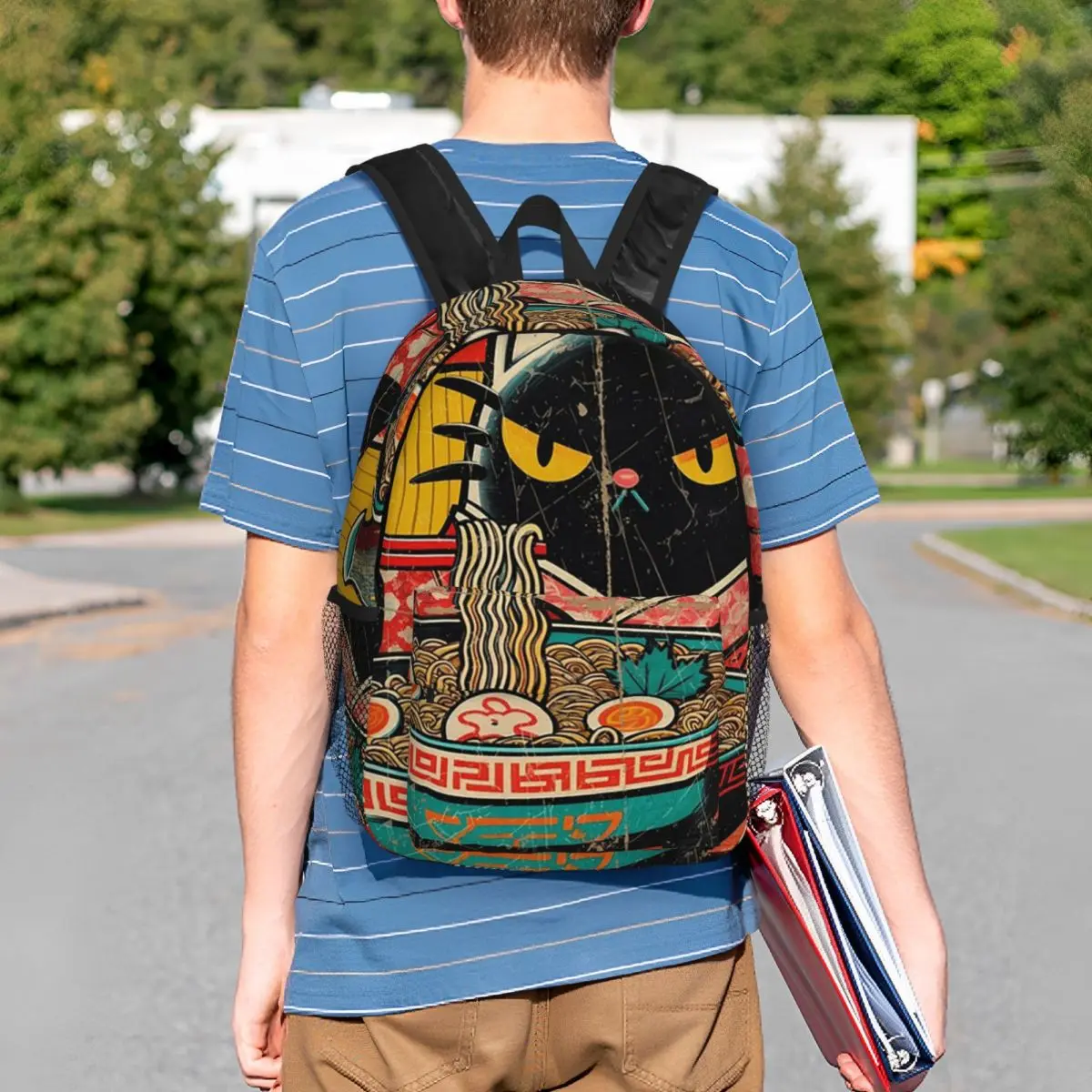 Japanese Cat Eating Ramen Backpack Student BookBag Kids School Bag Computer Shoulder Bags for Men Women