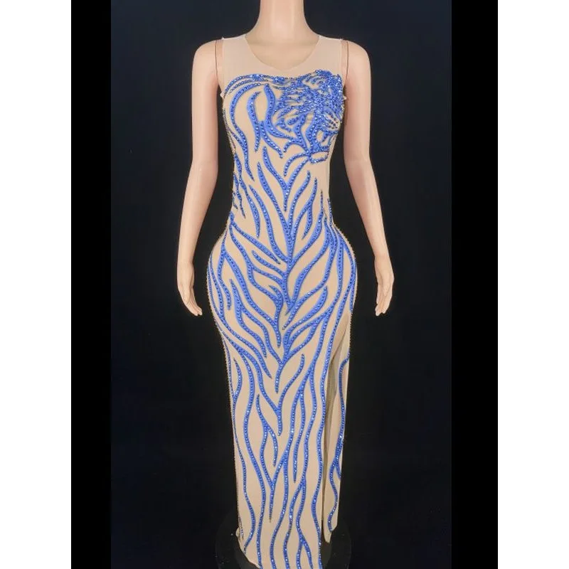 หลายสี Rhinestone มุมมองตาข่าย Elastic Slim Dress เซ็กซี่ STAGE Performance เสื้อผ้าผู้หญิงชุดสําหรับงานปาร์ตี้และงานแต่งงาน