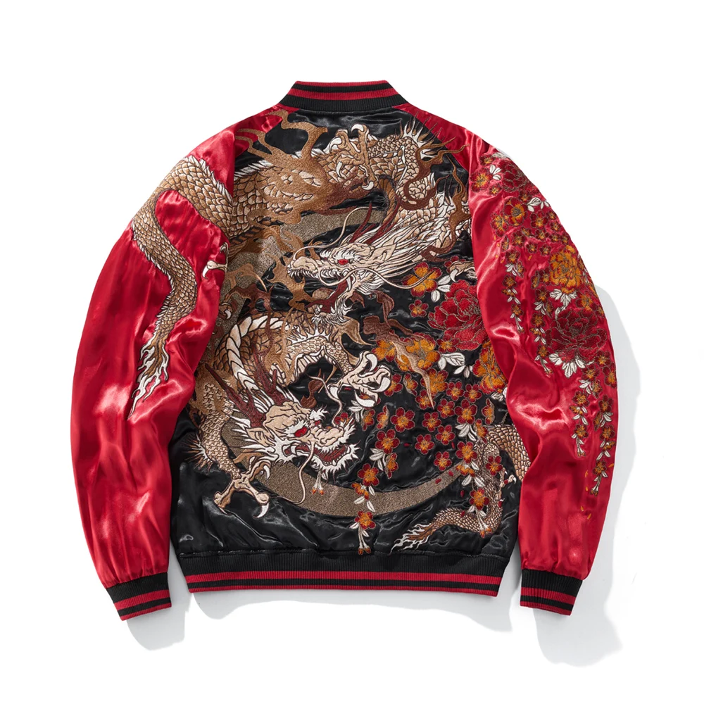 Hip Hop Chinese Dragon Embroidered Red Baseball Jacket Coat 2025 Men Motorcycle Jacket Streetwear Harajuku Clothing Autumn