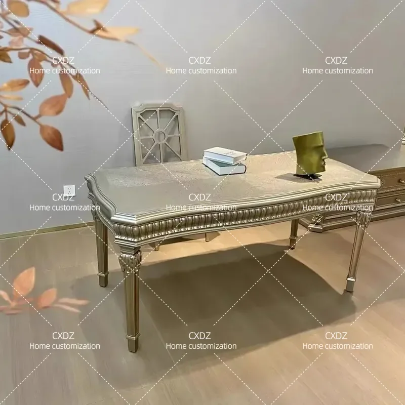 High End Retro Engraved Writing Desk with Chair Champagne Study Table for Home Office Living Room Furniture