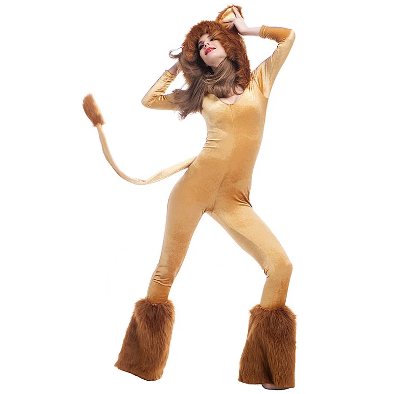 Women's Fierce Lion Costume Sexy Lion Bodysuit for Adults Halloween Cosplay Jumpsuit Animal Costumes