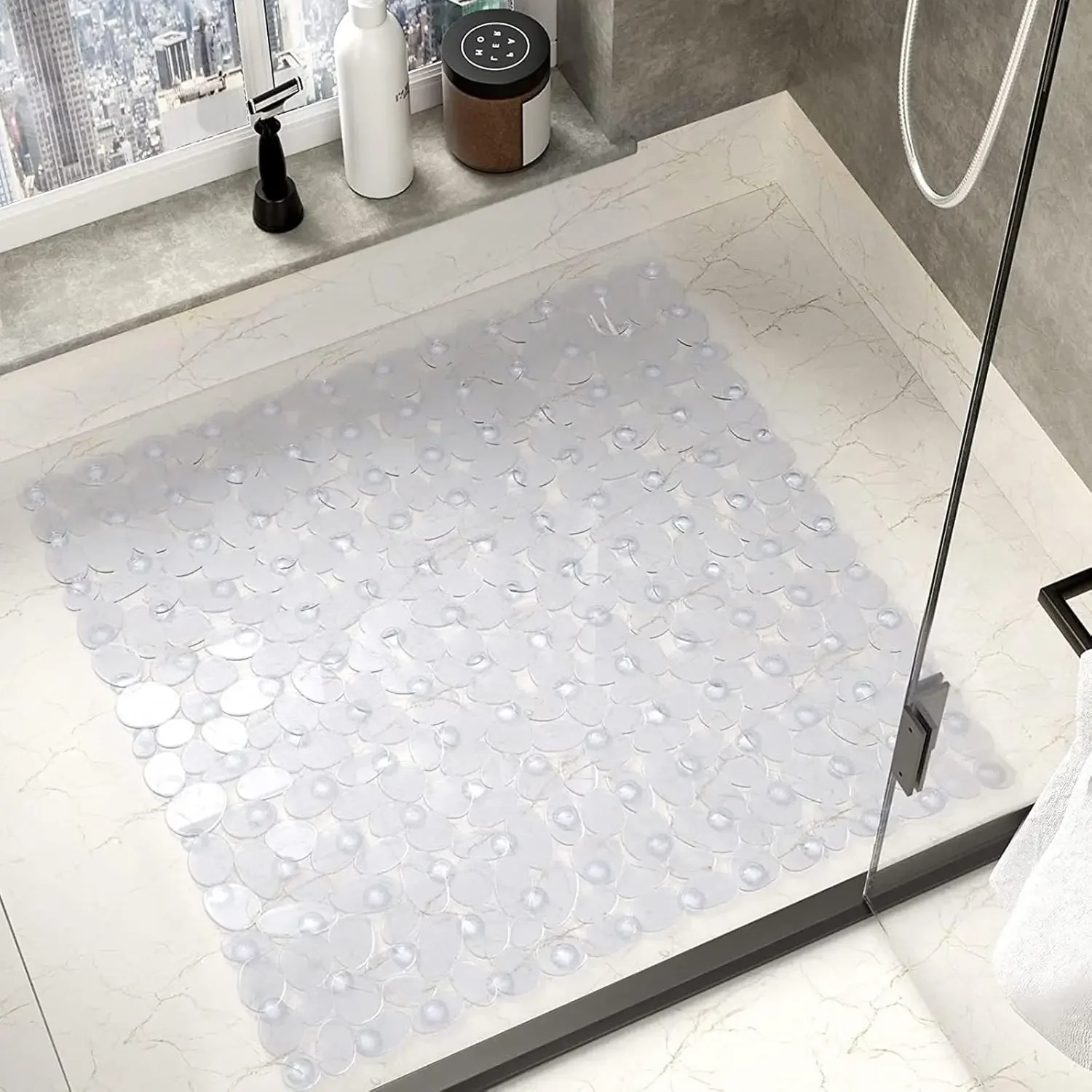 Premium Transparente Rutschfeste Duschmatte 20,5x21 PVC Badewannenmatte mit Starken Saugnäpfen Kieselstein-Textur Schnelle Abflusslöcher