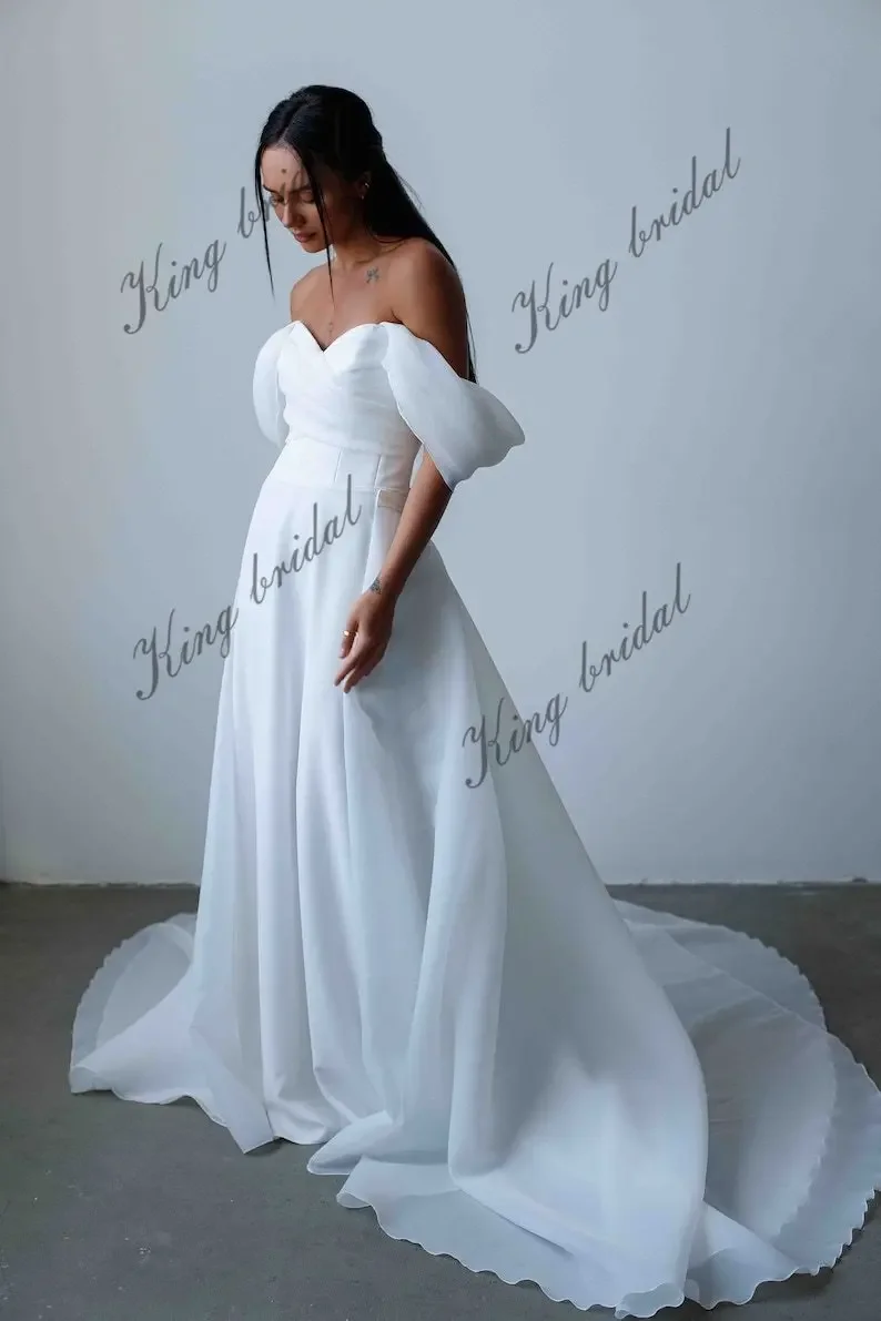 Saia de trem de organza vestido de casamento personalizado minimalista crepe a linha vestidos de casamento fora dos ombros vestido de casamento