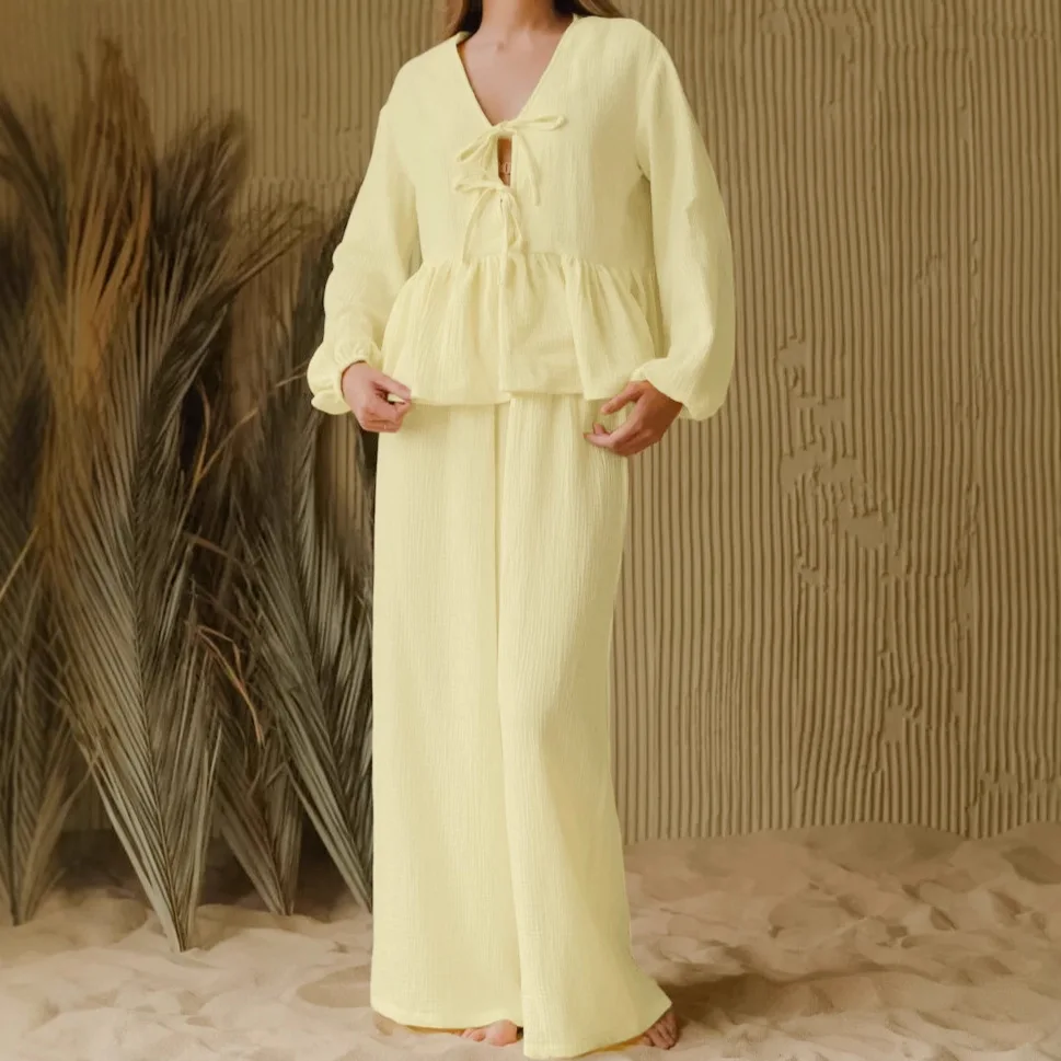 

Yellow Pure Cotton Ruffled Long-sleeved Trousers Loose-fitting Pajama Set 2026 Autumn Women's Loungewear Sleepwear Women