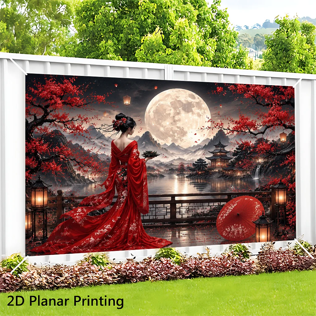 Elegant Chinese Wall Tapestry Red Moonlight Blossoms Goddess Asian Landscape Mural Home Decor Dynasty Style Art Print Canvas