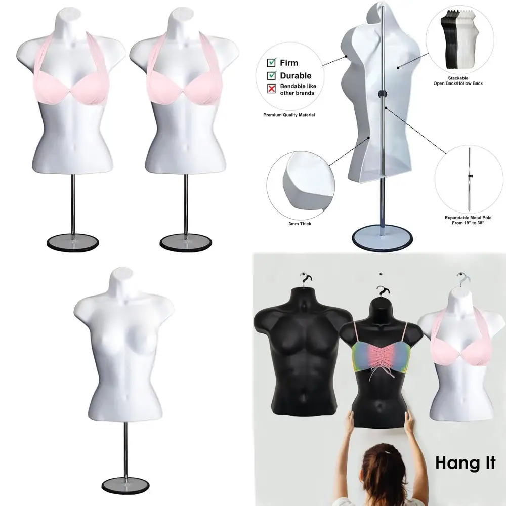 

Female Mannequin Torso for T-Shirt Display, Countertop, and Craft with Stackable Hollow Back Dress Form and Metal Stand