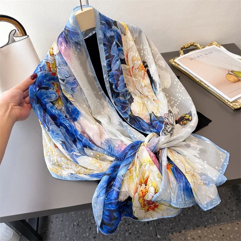 2025 Style Scarf Print 180*70cm Fashion Big Bandanna Popular Finish Silk Shawls Scarves Luxury Print Hijab Sunscreen Beach Towel