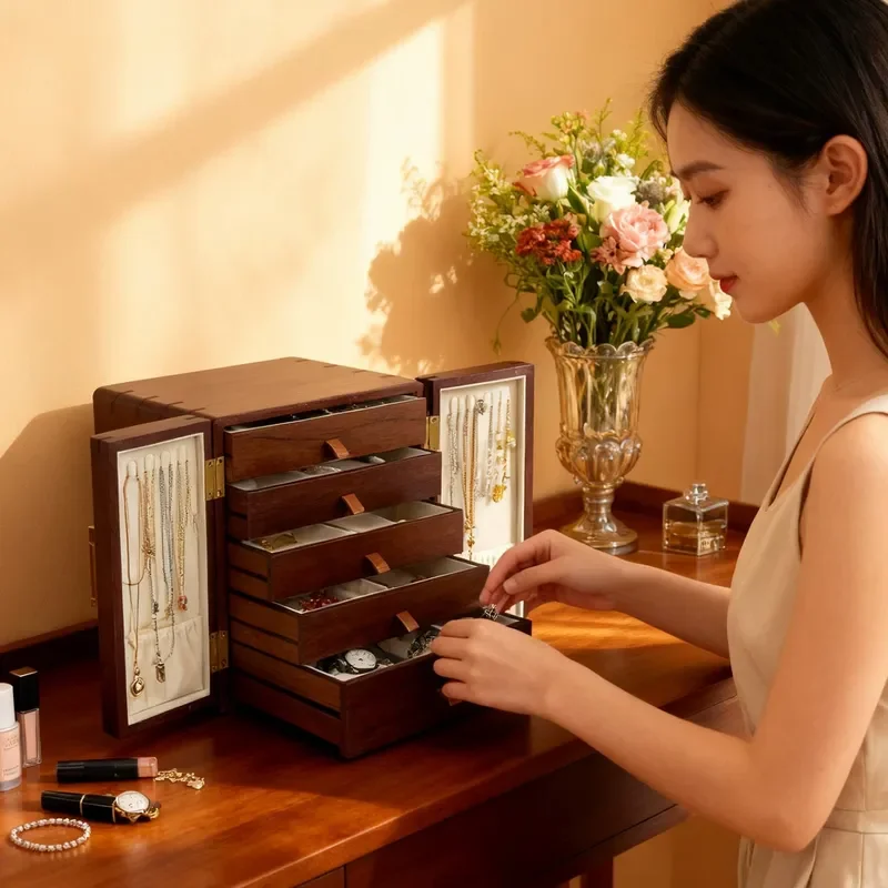 Walnut Solid Wood Jewelry Box Chinese Retro Style Storage Organizer for Rings Earrings Necklaces High End Exquisite Gift Case