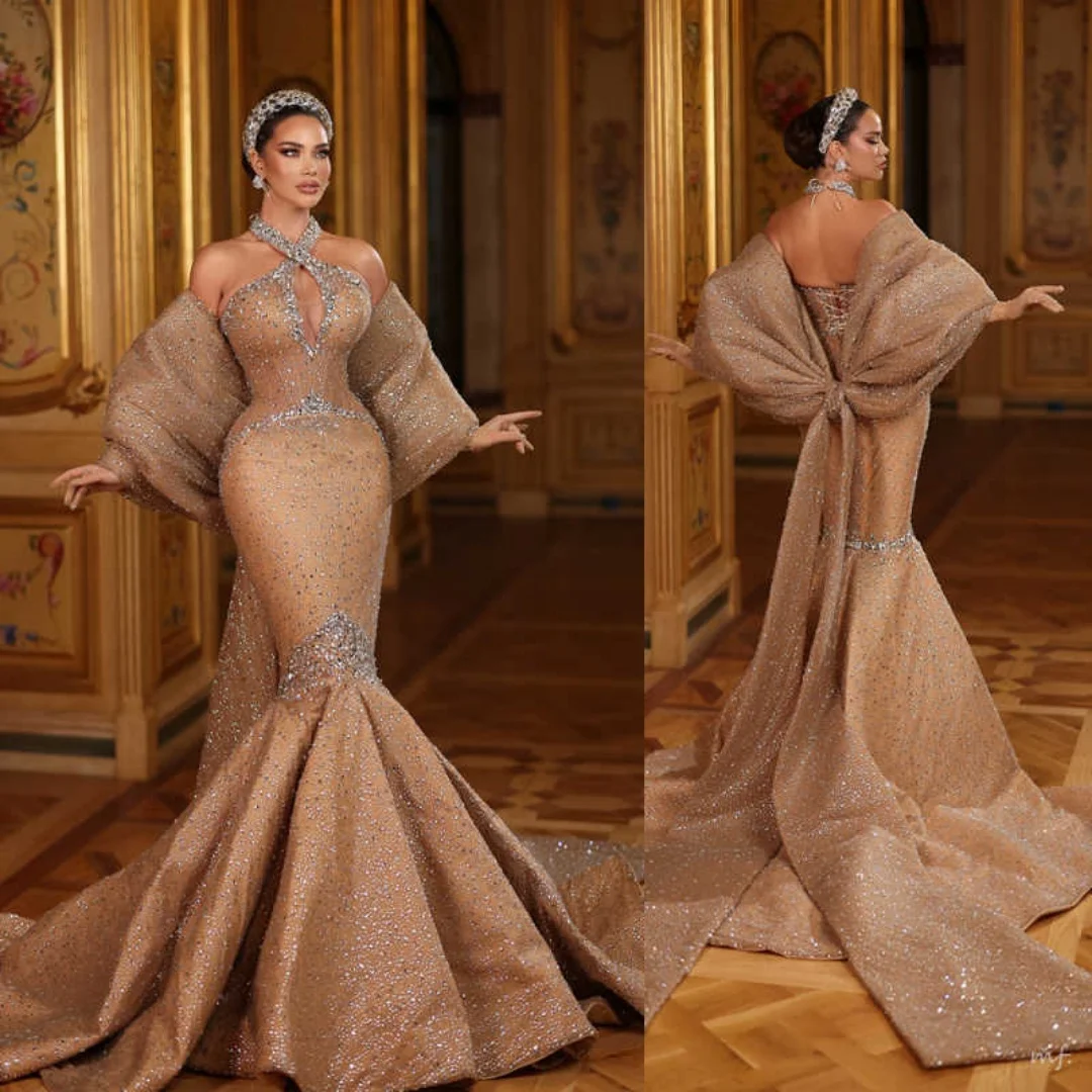 

Роскошные вечерние платья Русалка с бисером и лямкой на шее, стразами и кристаллами, платья для выпускного вечера с открытой спиной فساتين سهرة на заказ